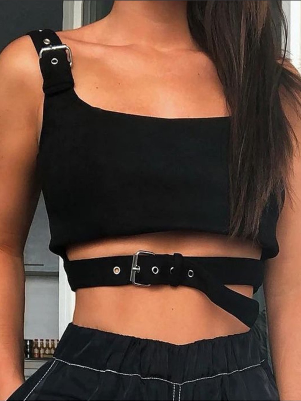 Maniere De Voir Black Faux Suede Buckle Strap Crop Top